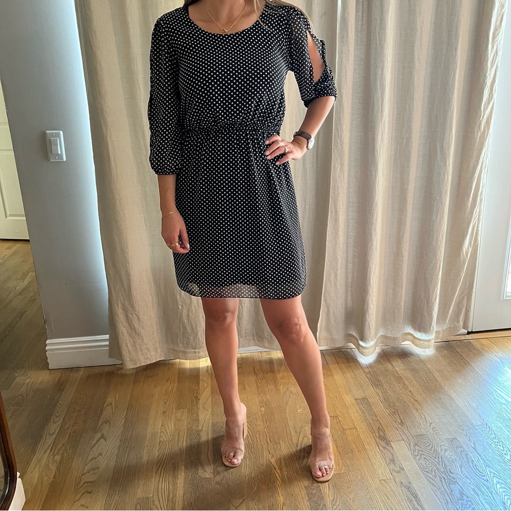 Enfocus Polka Dot Black White Dress Summer Gather Bodice Career Half Sleeve 6